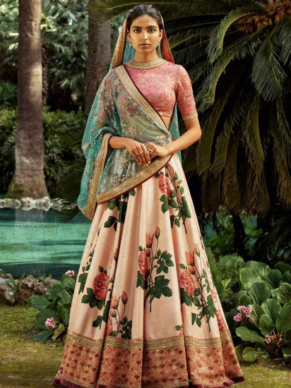 Digital Printed Chinon Silk Lehenga Choli in Peach - Ucchal Fashion