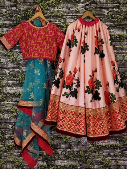 Sabyasachi Pink Rose Digital Floral Print Silk Lehenga Choli
Semi Stitched