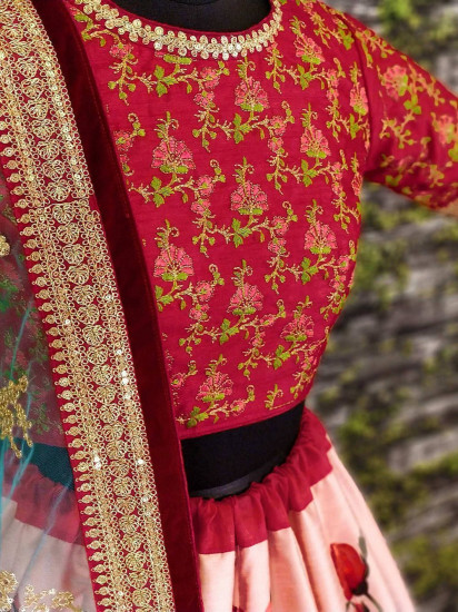 Sabyasachi Pink Rose Digital Floral Print Silk Lehenga Choli
Semi Stitched