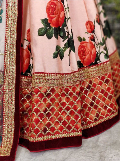 Sabyasachi Pink Rose Digital Floral Print Silk Lehenga Choli
Semi Stitched
