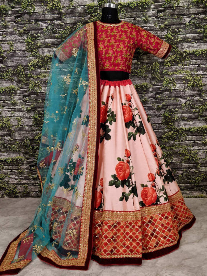 Sabyasachi Pink Rose Digital Floral Print Silk Lehenga Choli
Semi Stitched