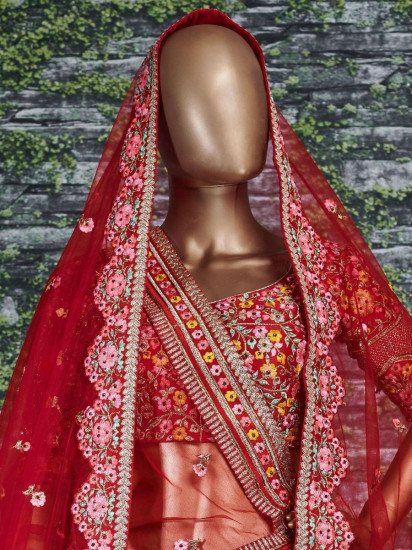 Sabyasachi Red Embroidered Art Silk Bridal Lehenga Choli