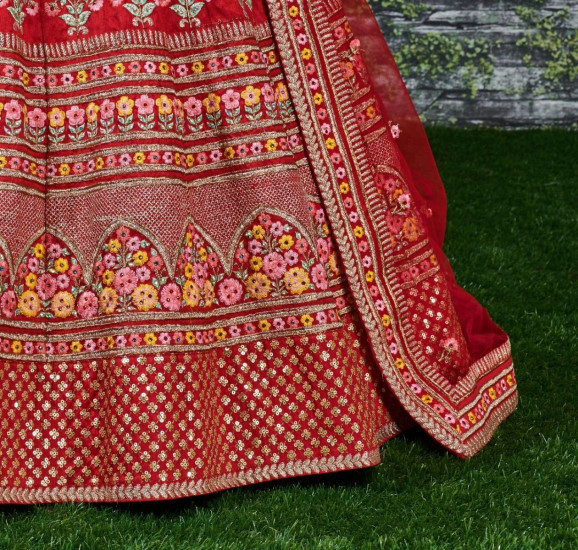 Sabyasachi Red Embroidered Art Silk Bridal Lehenga Choli