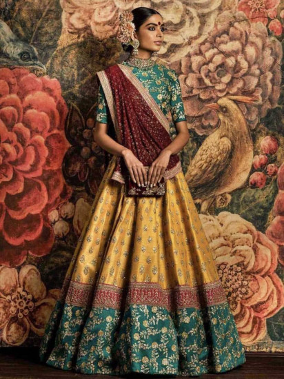 Sabyasachi Teal Green-Yellow Bridal Lehenga Choli With Dupatta
