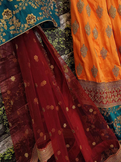 Sabyasachi Teal Green-Yellow Bridal Lehenga Choli With Dupatta