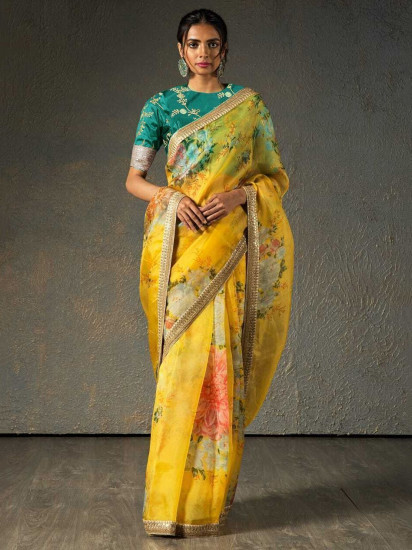 Sabyasachi Yellow Floral Orangza Wedding Wear Saree With Blouse(Un-Stitched)