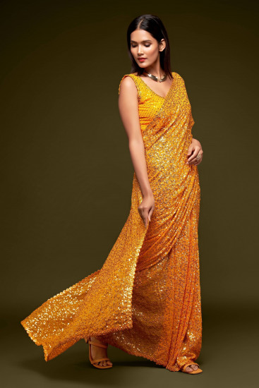Sabyasachi Yellow Sequins Georgette Party Wear Saree With Blouse(Un-Stitched)
