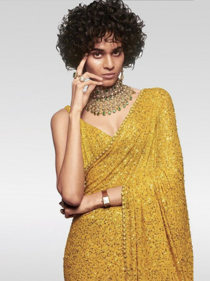 Sabyasachi Yellow Sequins Georgette Party Wear Saree With Blouse(Un-Stitched)