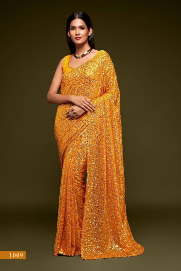 Sabyasachi Yellow Sequins Georgette Party Wear Saree With Blouse(Un-Stitched)