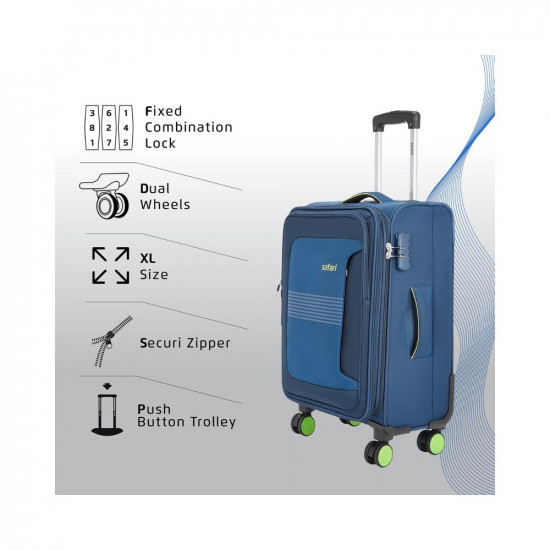 Safari Antitheft Trolley luggage bag, Small size, 8 wheel travel luggage for men and women, Cabin luggage, 59cm, Blue