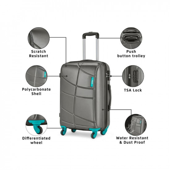 Safari Crypto 27 Cms Medium Check-in Polycarbonate Hard Sided 4 Wheels Smooth Wheels Luggage- Suitcase, Gunmetal Grey