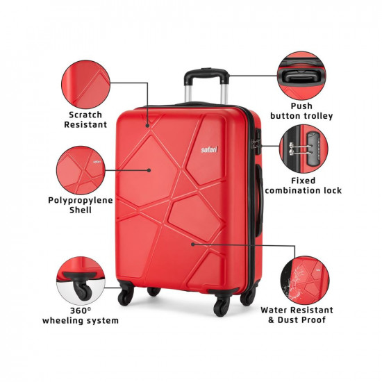 Safari Pentagon Trolley Bag Set, Small, Medium & Large Suitcase for Travel, 4 Wheel 55, 65 & 75 cm Red Luggage for Men and Women, Polypropylene Hard Side Cabin and Check in Bag