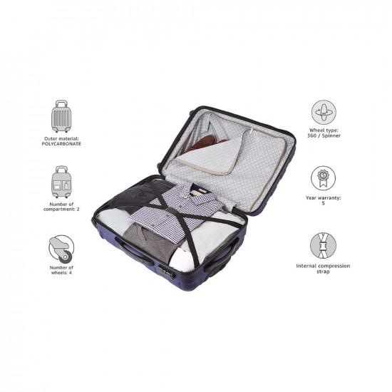 Safari Ray 2 Pc Set 55 & 65 cms-Small & Medium Polycarbonate (PC) Hard Sided 4 Wheels 360 Degree Rotation Luggage/Suitcase/Trolley Bag (Midnight Blue)