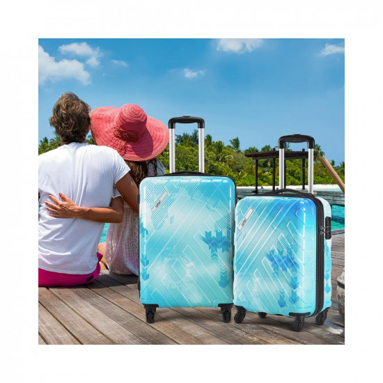 Safari RAY Voyage 52 and 65 Cms Small and Medium Polycarbonate (PC) Hard Sided 4 Wheels 360 Degree Wheeling System Luggage Sets, Printed Blue/Cyan
