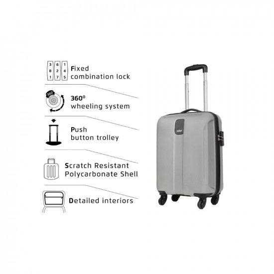 Safari Thorium Sharp Antiscratch 55 Cms Polycarbonate Silver Cabin 4 Wheels Hard Suitcase, Small