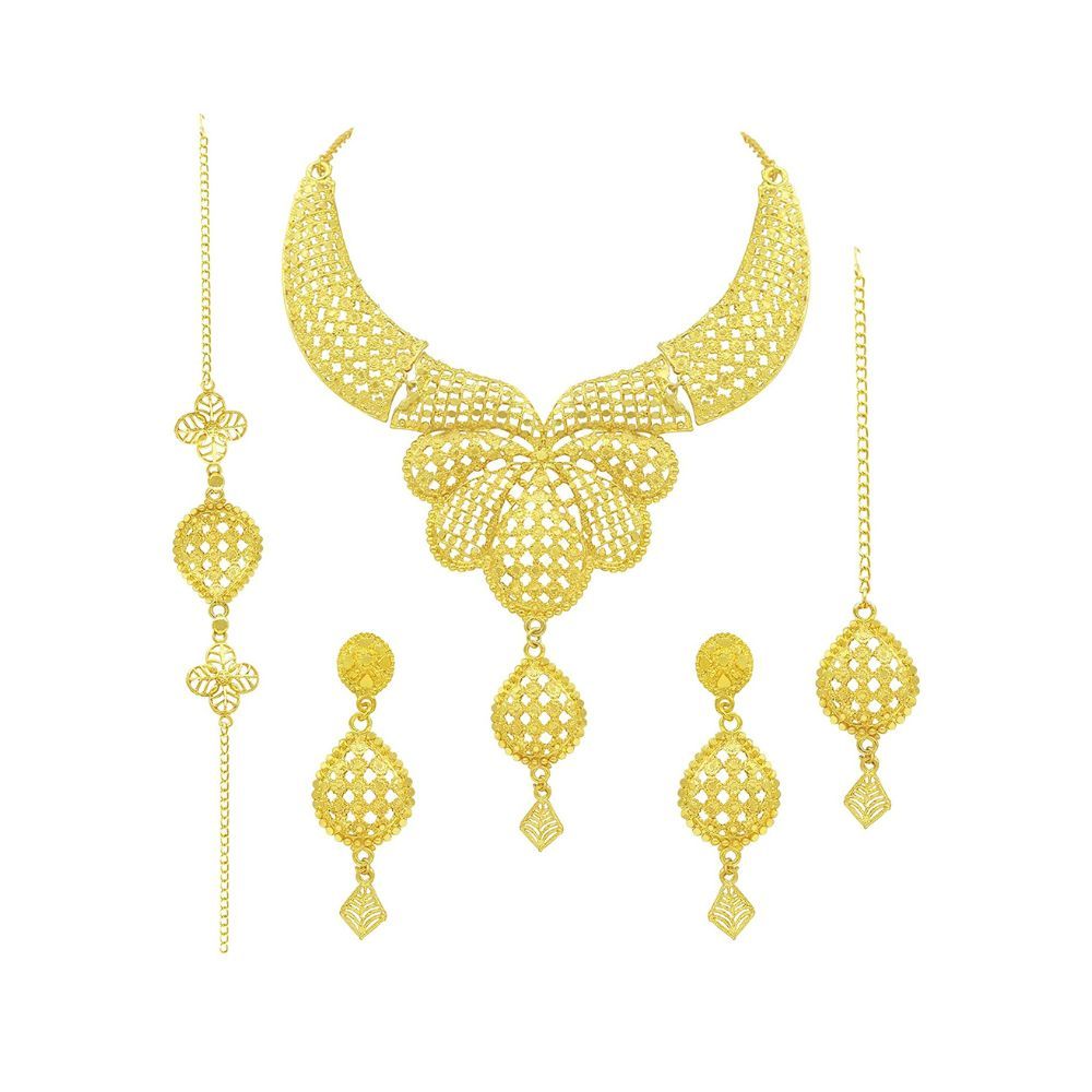 SAIYONI Bridal Wedding Design One Gram Gold Plated Filigree Work Forming Choker Necklace Earring With Maangtikka & Bracelet Jewellery Set (Gold)