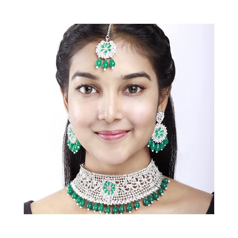 SAIYONI Design Trendy Austrian Diamond With Kundan Stone work Choker Necklace Earring with maangtikka jewellery set forWomen