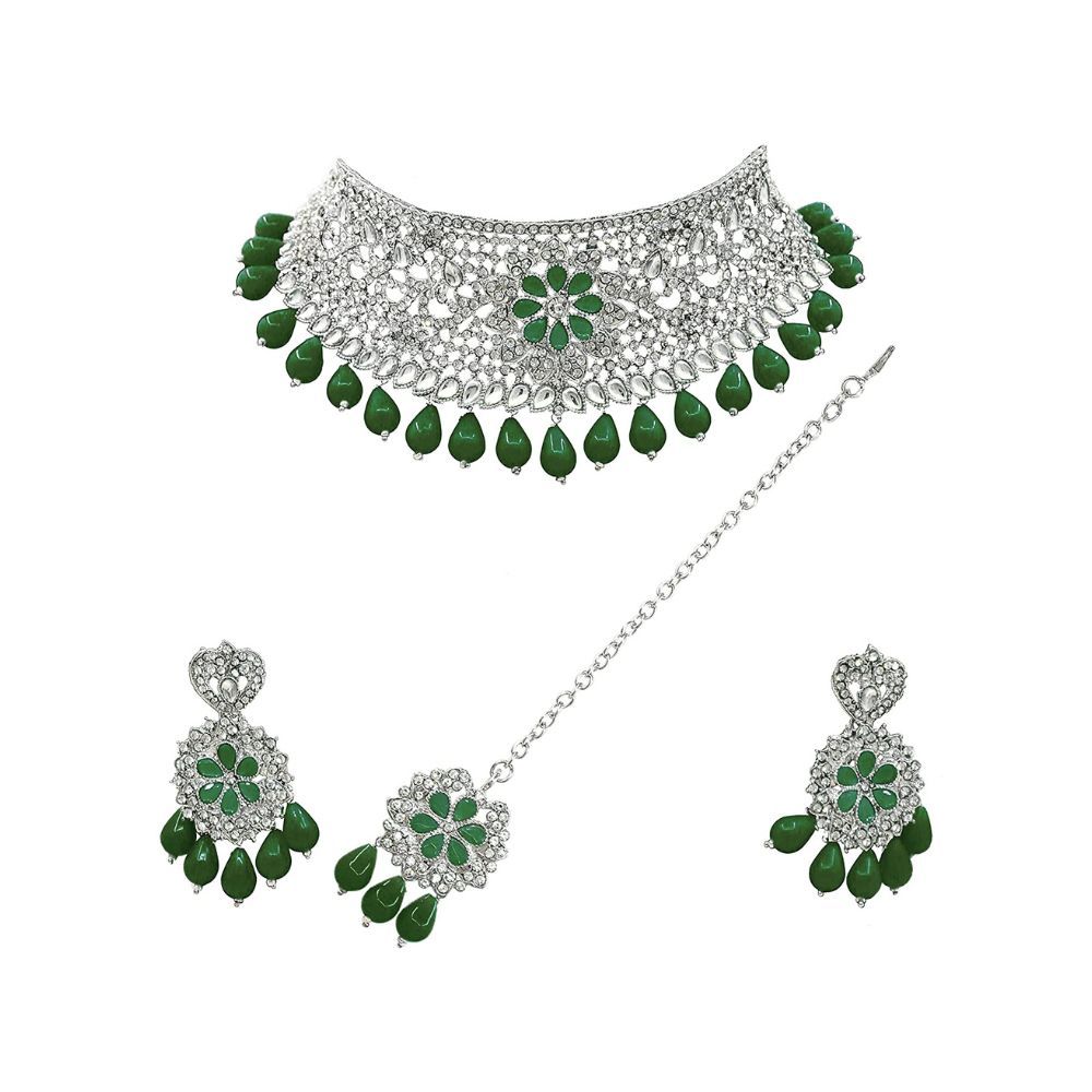 SAIYONI Design Trendy Austrian Diamond With Kundan Stone work Choker Necklace Earring with maangtikka jewellery set forWomen