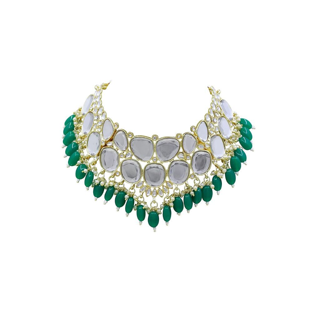 SAIYONI Gold Plated Bridal Beautiful Look Traditional Kundan Stone & Beads Choker Necklace Earring With Maangtikka Jewellery Set