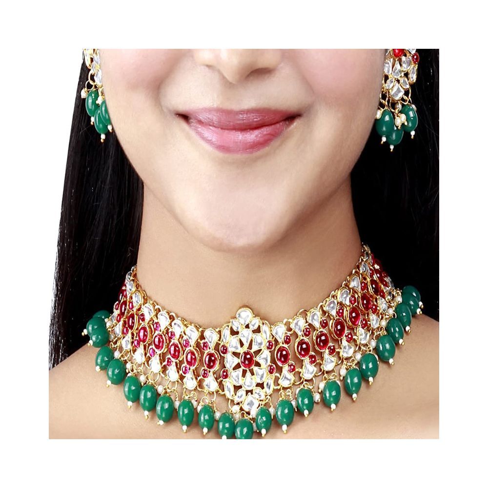 SAIYONI Gold Tone Kundan and Beads Ethnic Choker Necklace With Earring Jewellery Set forWomens
