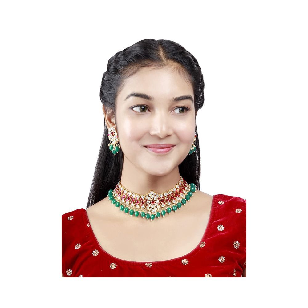 SAIYONI Gold Tone Kundan and Beads Ethnic Choker Necklace With Earring Jewellery Set forWomens