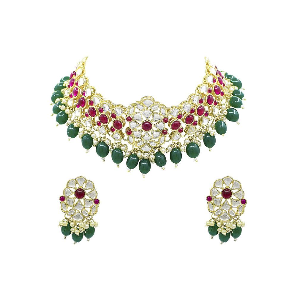 SAIYONI Gold Tone Kundan and Beads Ethnic Choker Necklace With Earring Jewellery Set forWomens