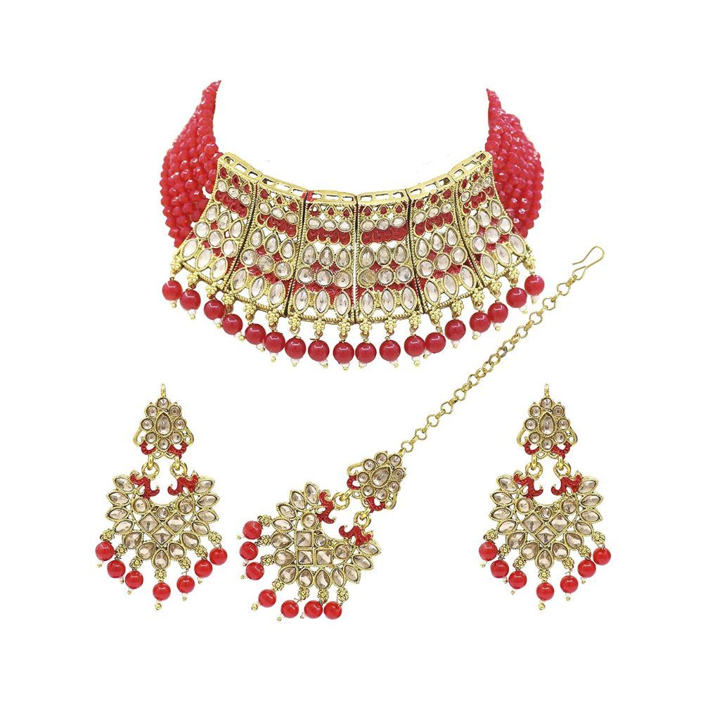 SAIYONI Meenakri Work Gold Plated Kundan & Pearl Studded Choker Necklace Earring With Maangtikka Jewellery Set For Women
