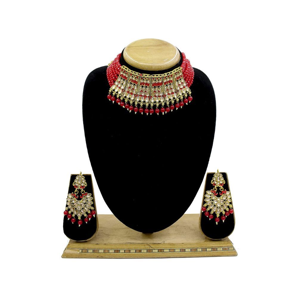 SAIYONI Meenakri Work Gold Plated Kundan & Pearl Studded Choker Necklace Earring With Maangtikka Jewellery Set For Women