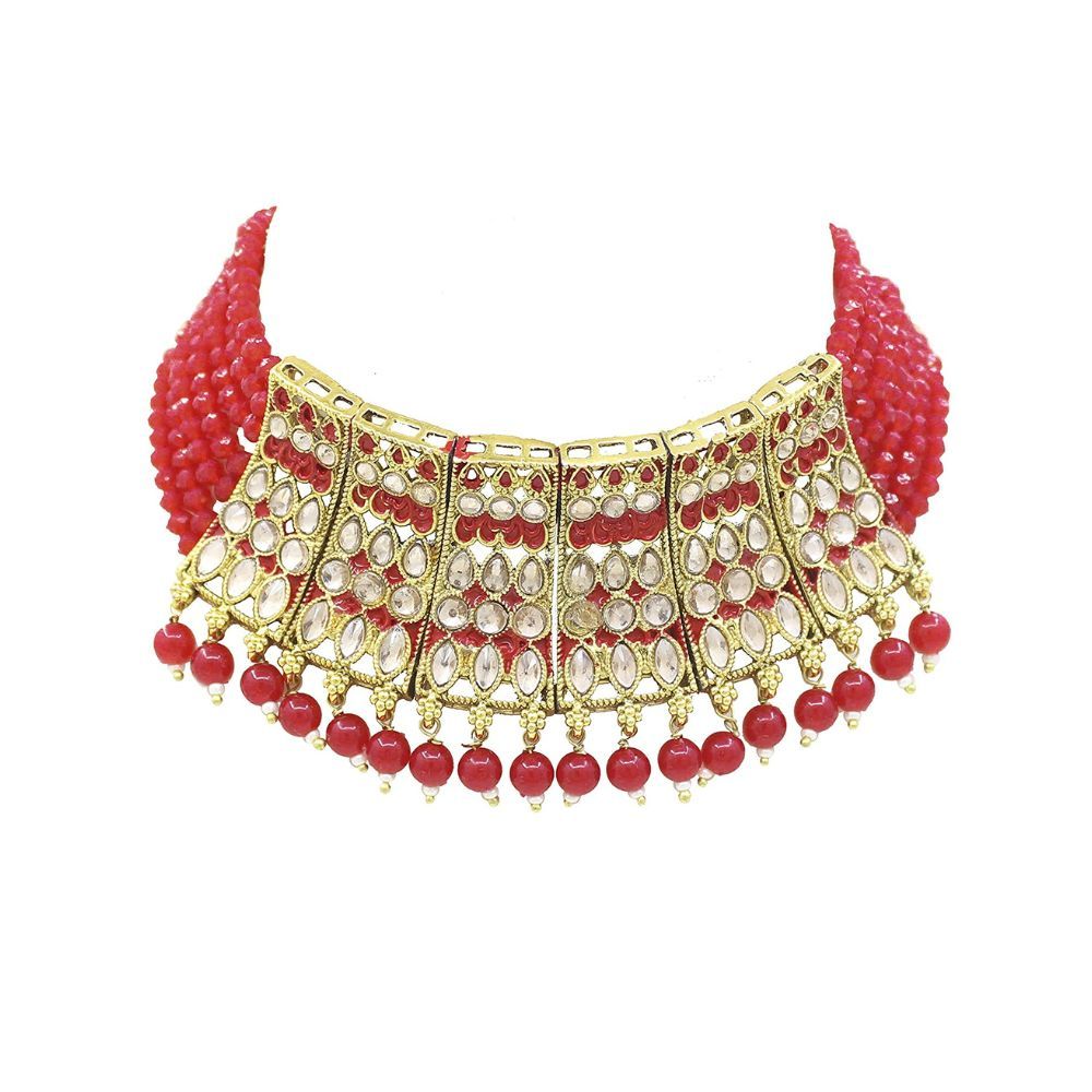 SAIYONI Meenakri Work Gold Plated Kundan & Pearl Studded Choker Necklace Earring With Maangtikka Jewellery Set For Women