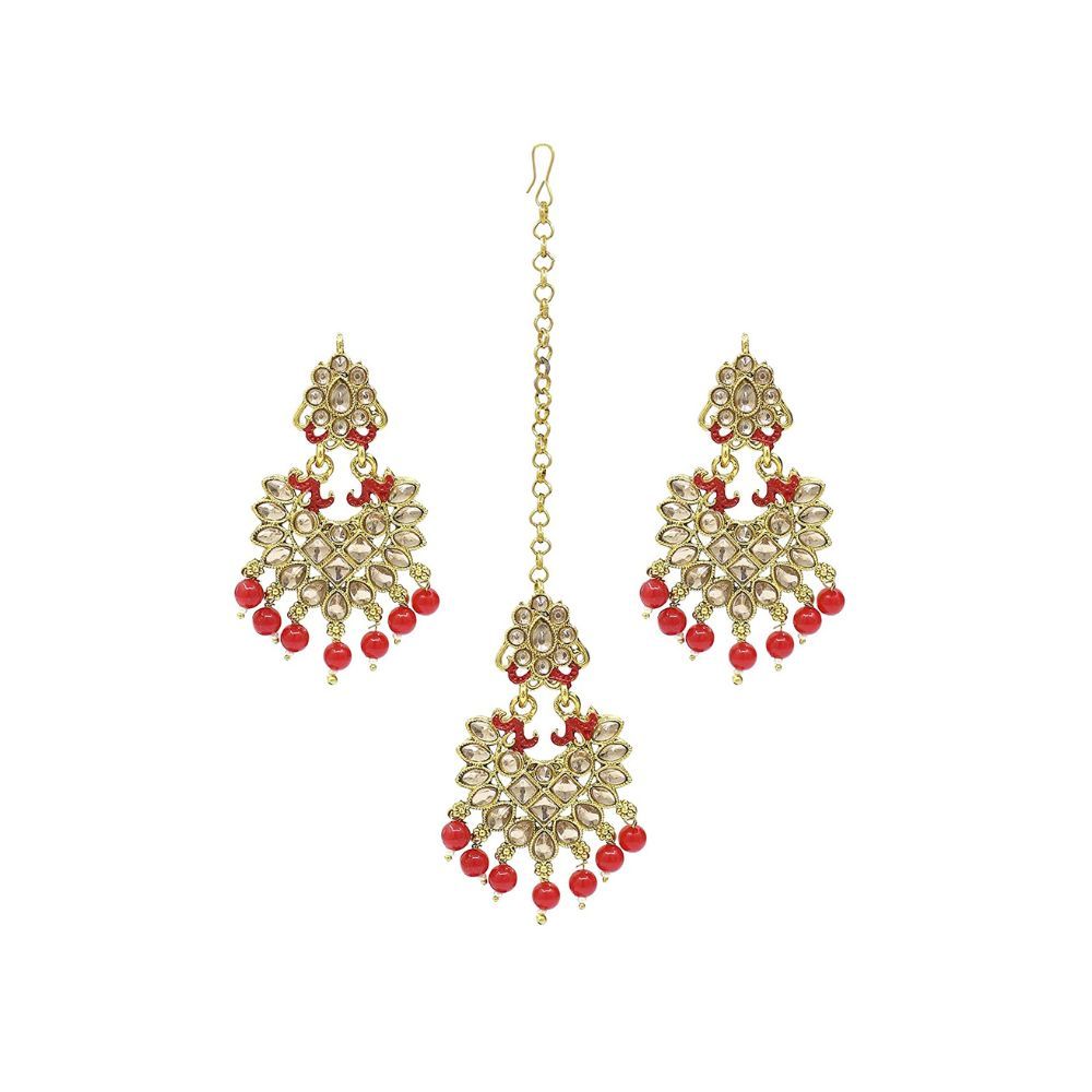 SAIYONI Meenakri Work Gold Plated Kundan & Pearl Studded Choker Necklace Earring With Maangtikka Jewellery Set For Women