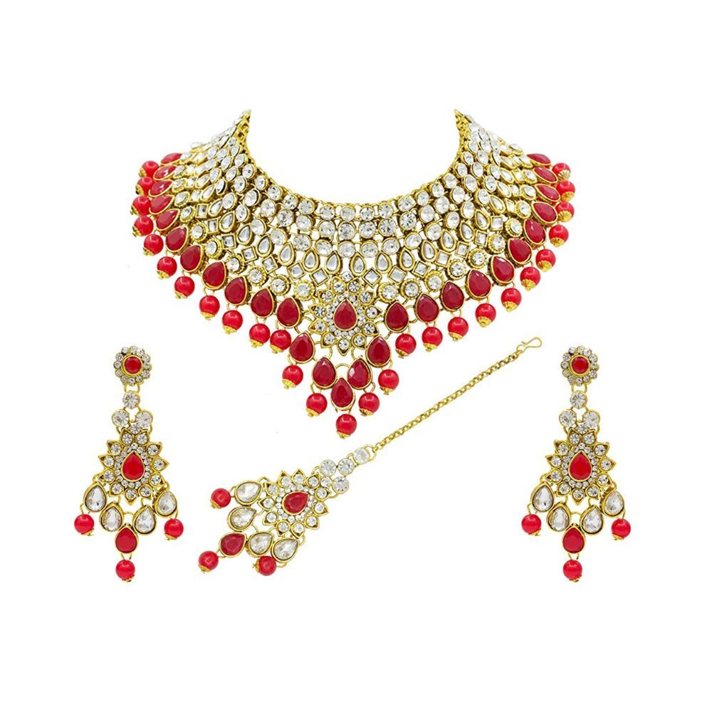 SAIYONI Modish Red Polki Bridal Dulhan Gold Plated Pearl Choker Necklace Set For Women
