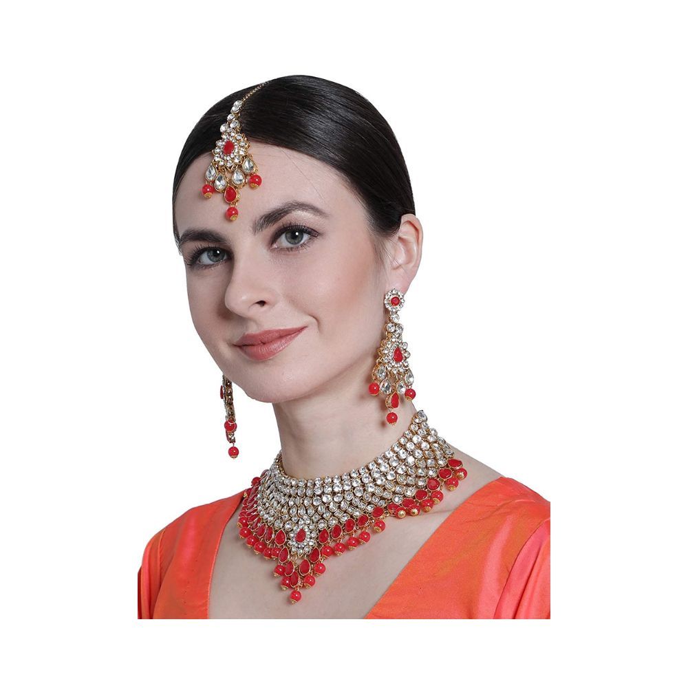SAIYONI Modish Red Polki Bridal Dulhan Gold Plated Pearl Choker Necklace Set For Women
