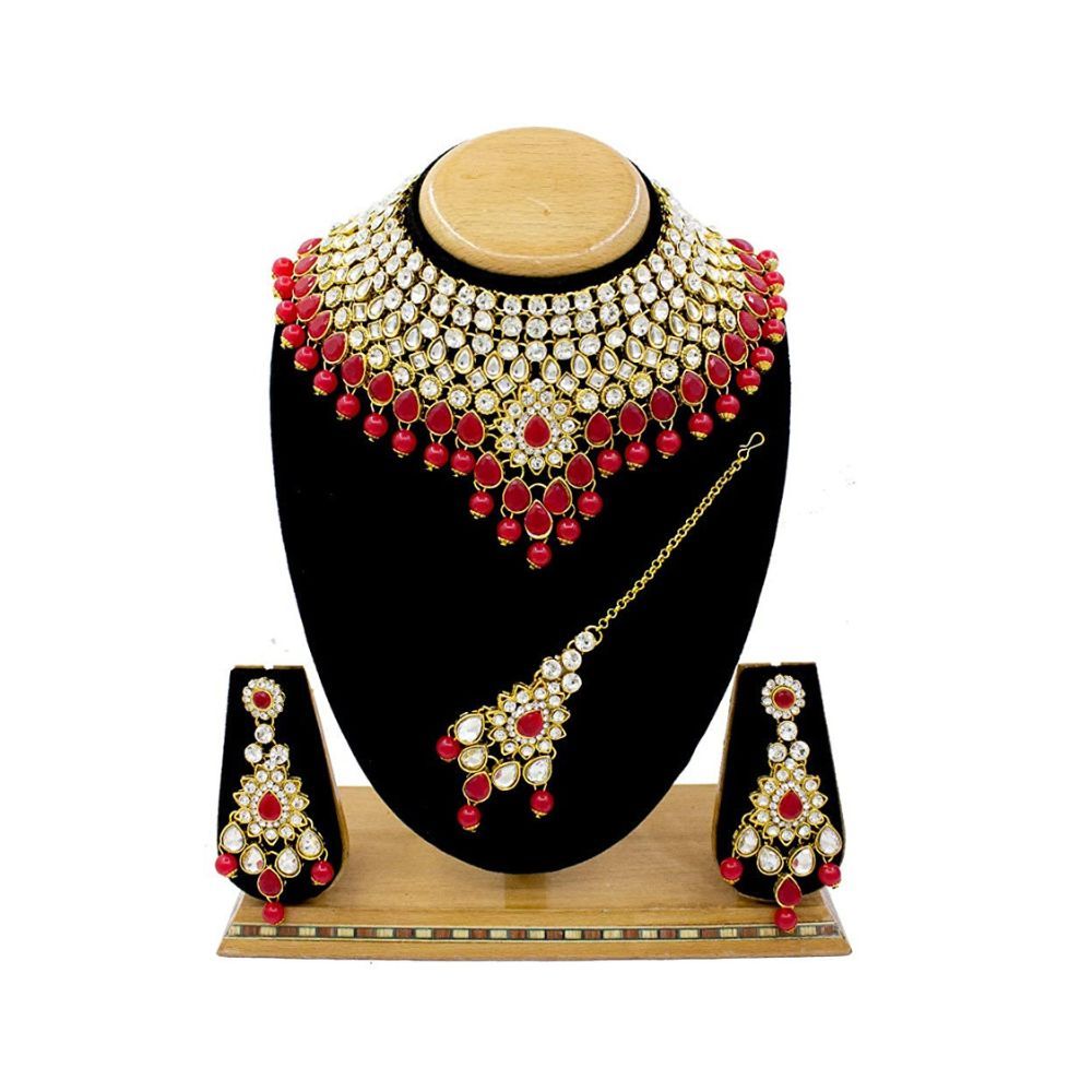 SAIYONI Modish Red Polki Bridal Dulhan Gold Plated Pearl Choker Necklace Set For Women