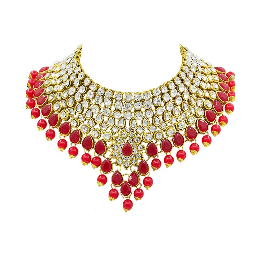 SAIYONI Modish Red Polki Bridal Dulhan Gold Plated Pearl Choker Necklace Set For Women