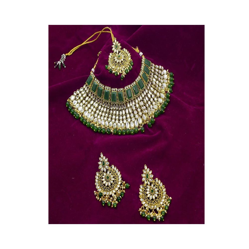 Saiyoni Valentine Day Special Traditional Wedding Collection Gold Plated Kundan Stone Alloy Choker Necklace Earring With Maangtikka Jewellery Set For Women