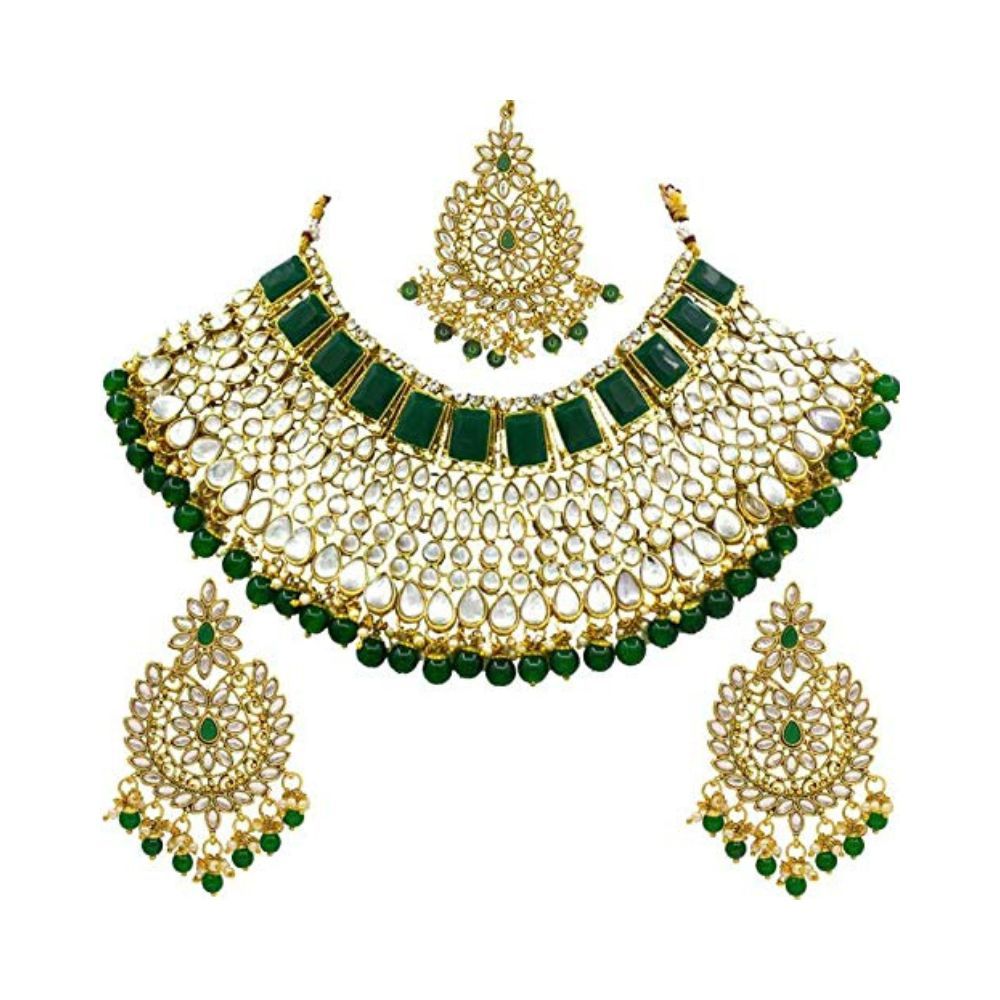 Saiyoni Valentine Day Special Traditional Wedding Collection Gold Plated Kundan Stone Alloy Choker Necklace Earring With Maangtikka Jewellery Set For Women