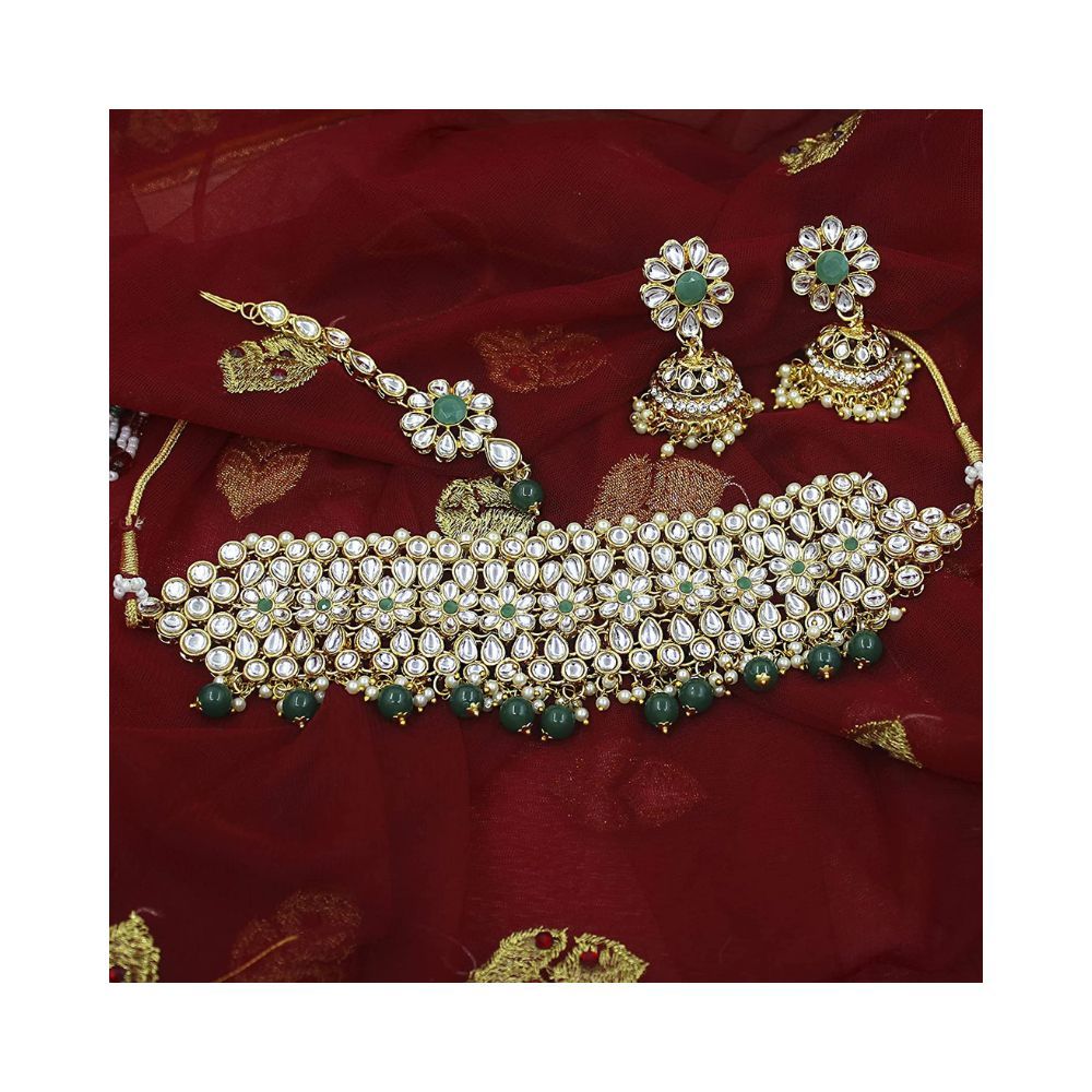 SAIYONI Wedding Collection Kundan Gold Plated Choker Necklace, Earrings with Maang Tikka Jewellery Set