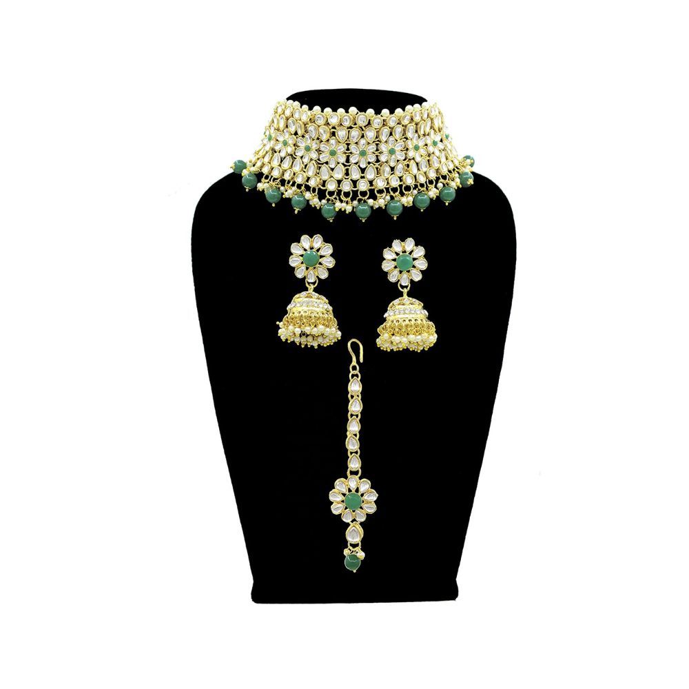 SAIYONI Wedding Collection Kundan Gold Plated Choker Necklace, Earrings with Maang Tikka Jewellery Set