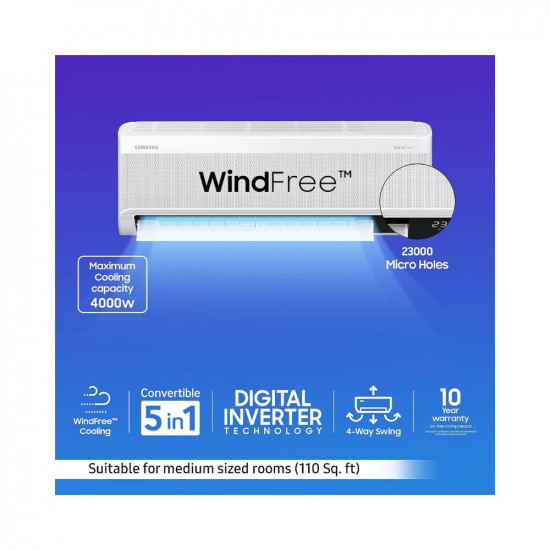 Samsung 1 Ton 3 Star Wind-Free Technology Inverter Split AC (Copper, Convertible 5-in-1 Cooling Mode, Easy Filter Plus (Anti-Bacteria)