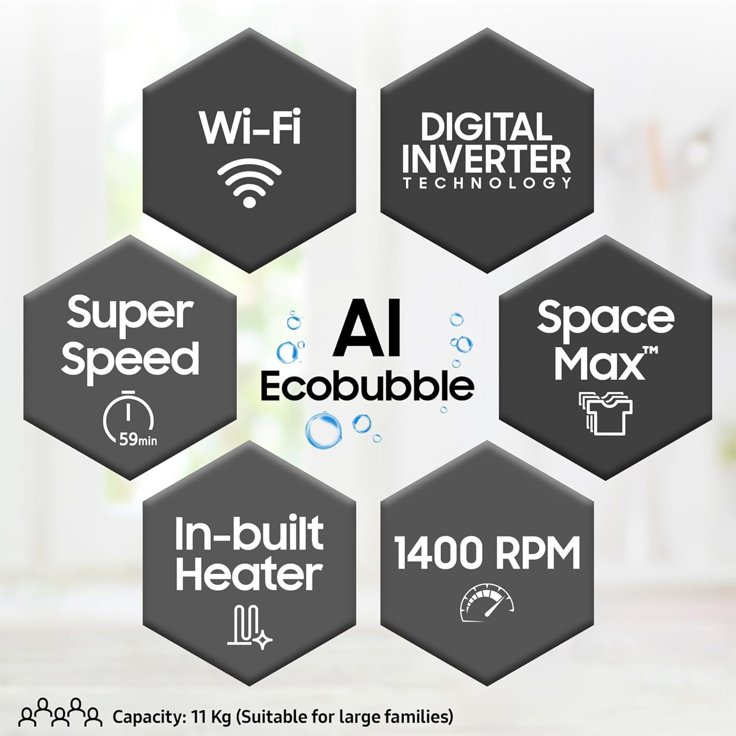 Samsung 11 kg 5 Star AI Ecobubble Super Speed Wi-Fi Hygiene Steam with Inbuilt Heater Digital Inverter Fully-Automatic Front Load Washing Machine WW11CG604DLBTL BLACK CAVIAR 2023 Model