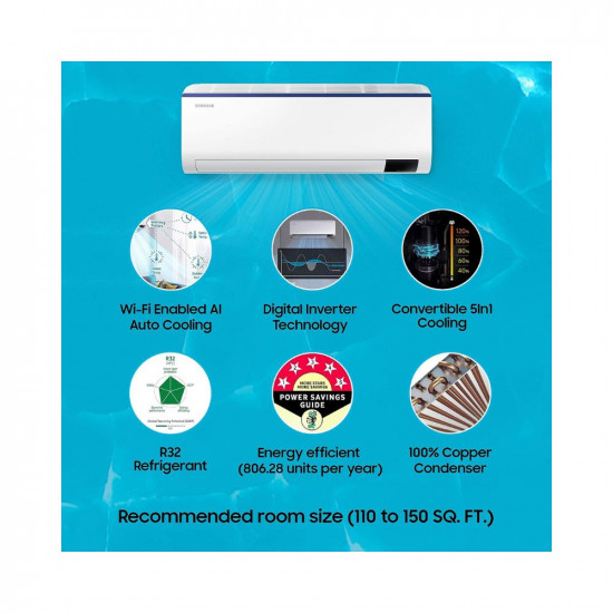 Samsung 1.5 Ton 5 Star, Wi-Fi Enabled, Inverter Split AC (Copper, Convertible 5-in-1 Cooling Mode, Anti Bacteria Filter, 2022 Model AR18BYNZBWK, White)