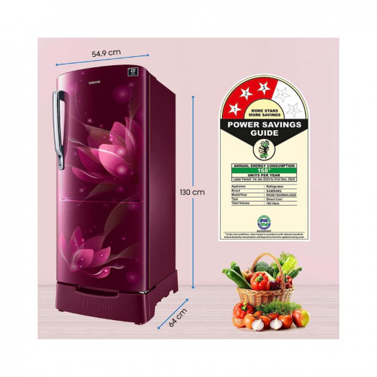 Samsung 183 L 3 Star Digital Inverter Direct Cool Single Door Refrigerator (RR20C1823R8/HL, Saffron Red, Base Stand with Drawer 2023 Model)