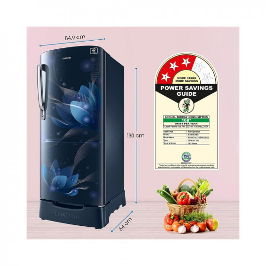 Samsung 183 L 3 Star Digital Inverter Direct Cool Single Door Refrigerator (RR20C1823U8/HL, Saffron Blue, Base Stand with Drawer 2023 Model)