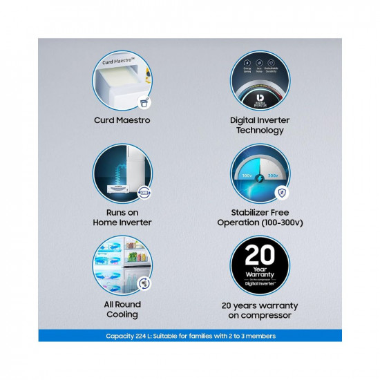 Samsung 224 L 2 Star Curd Maestro, Digital Inverter with Display Frost Free Double Door Refrigerator (RT28C3522S8/HL, Silver, Elegant Inox, 2023 Model, Gross Volume 244 Litres)