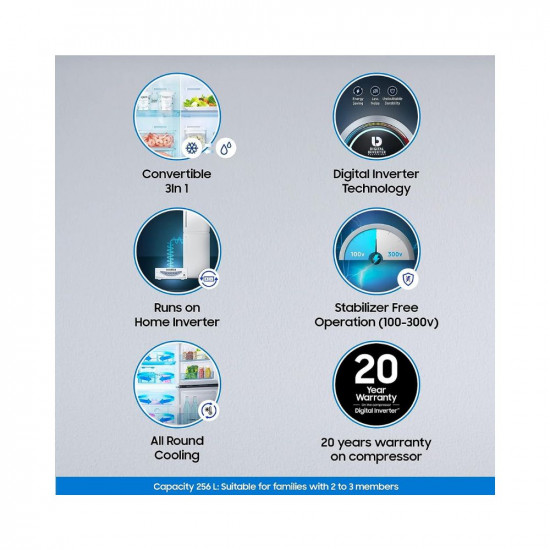 Samsung 256L 3 Star Convertible Digital Inverter with Display Frost-Free Double Door Refrigerator (RT30C3733BX/HL,Luxe Black, 2023 Model, Gross Volume 275 Litres)