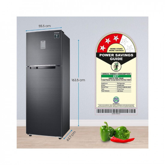 Samsung 256L 3 Star Convertible Digital Inverter with Display Frost-Free Double Door Refrigerator (RT30C3733BX/HL,Luxe Black, 2023 Model, Gross Volume 275 Litres)