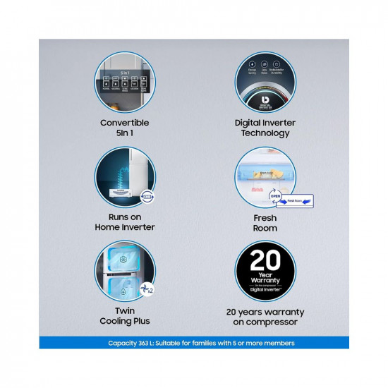 Samsung 385 L 2 Star Convertible 5In1, Digital Inverter with Display Frost Free Double Door Refrigerator (RT42C5532S9/HL, Silver, Refined Inox, 2023 Model)