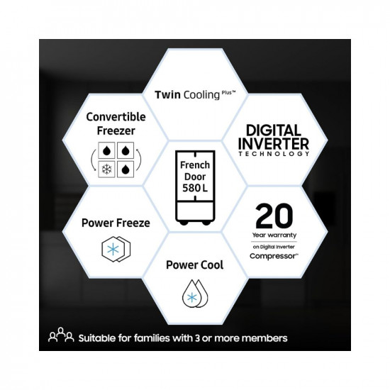 Samsung 580 L 4 Star Inverter Frost-Free Convertible French Door Side-By-Side Refrigerator (RF57A5032S9/TL, Refined Inox, Silver, 2023 Model)