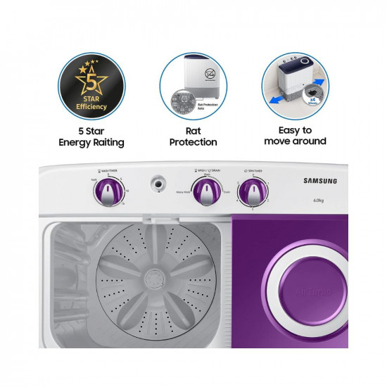 Samsung 6 kg, 5 star, Semi-Automatic Washing Machine (WT60R2000LL/TL, Air Turbo Drying, LIGHT GRAY)