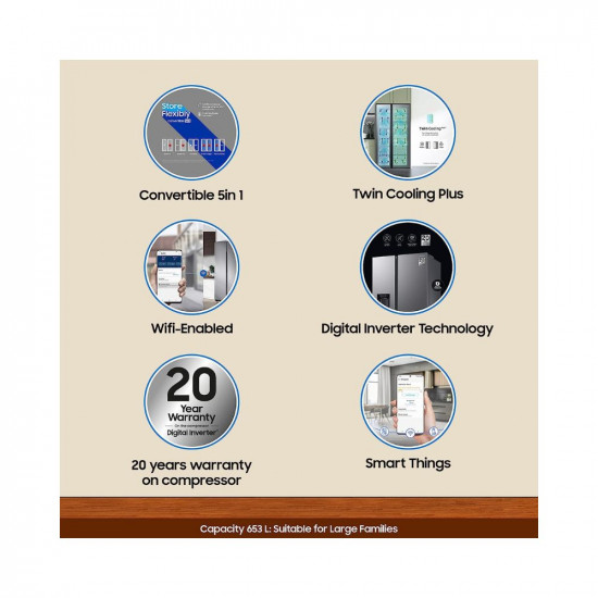 Samsung 653 L Frost Free Convertible 5In1, Digital Inverter Wi-Fi Enabled Side by Side Refrigerator (RS76CG8003S9HL, Refined Inox, 2023 Model)
